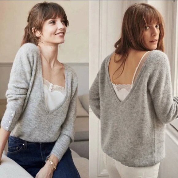 EUC Sezane Robin Mohair Alpaca Reversible Deep-V Sweater Grey XS - Picture 1 of 11
